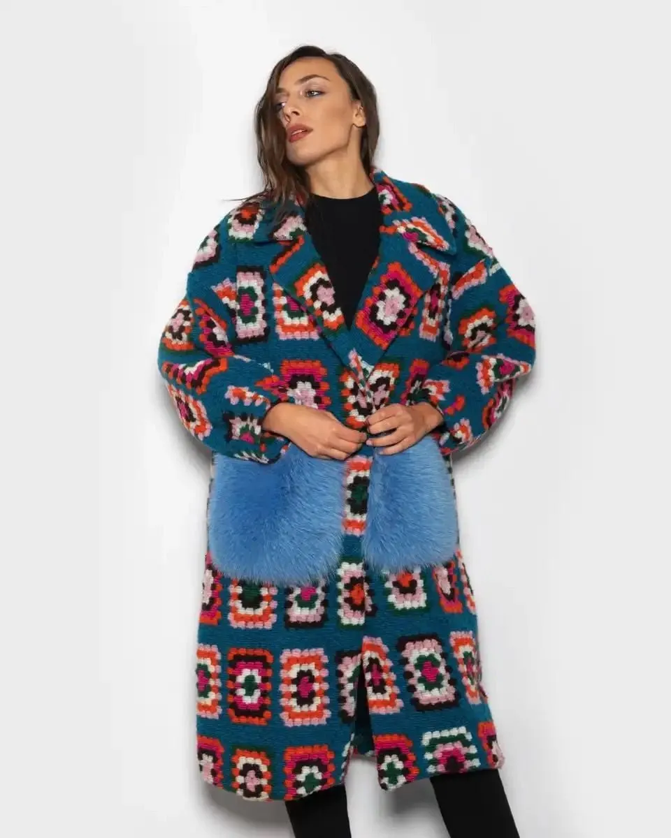 Coat With Fox pockets Light blue crochet pattern