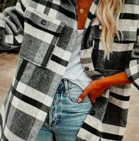 Cool Autumn Days Plus Grey/White/Light Gray Flannel Plaid Shacket