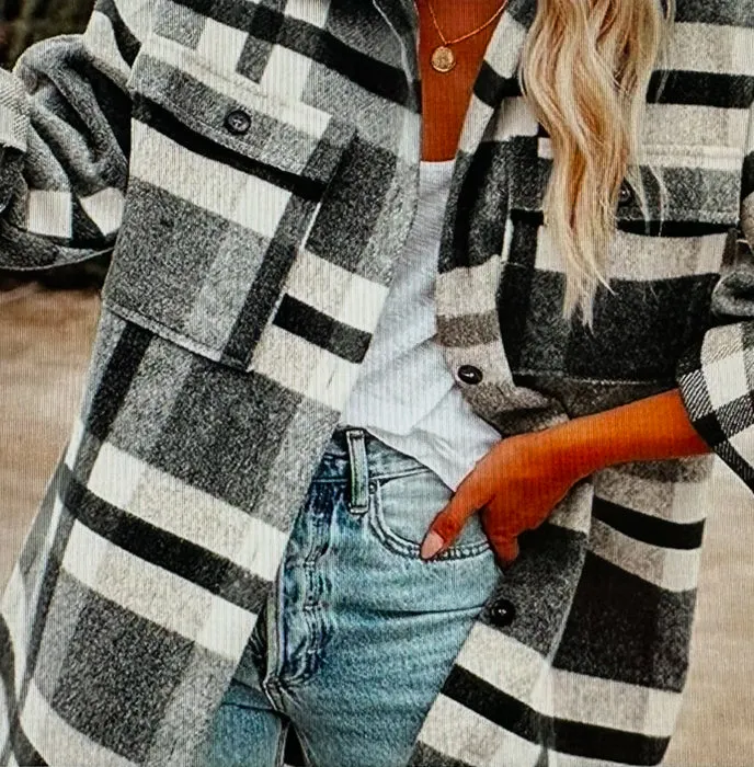 Cool Autumn Days Plus Grey/White/Light Gray Flannel Plaid Shacket