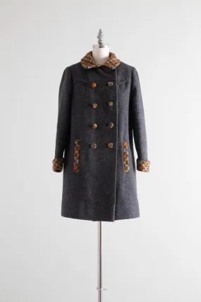 Fall Classic 1960's Charcoal Wool Pea Coat With Pumpkin Houndstooth Trim / Small