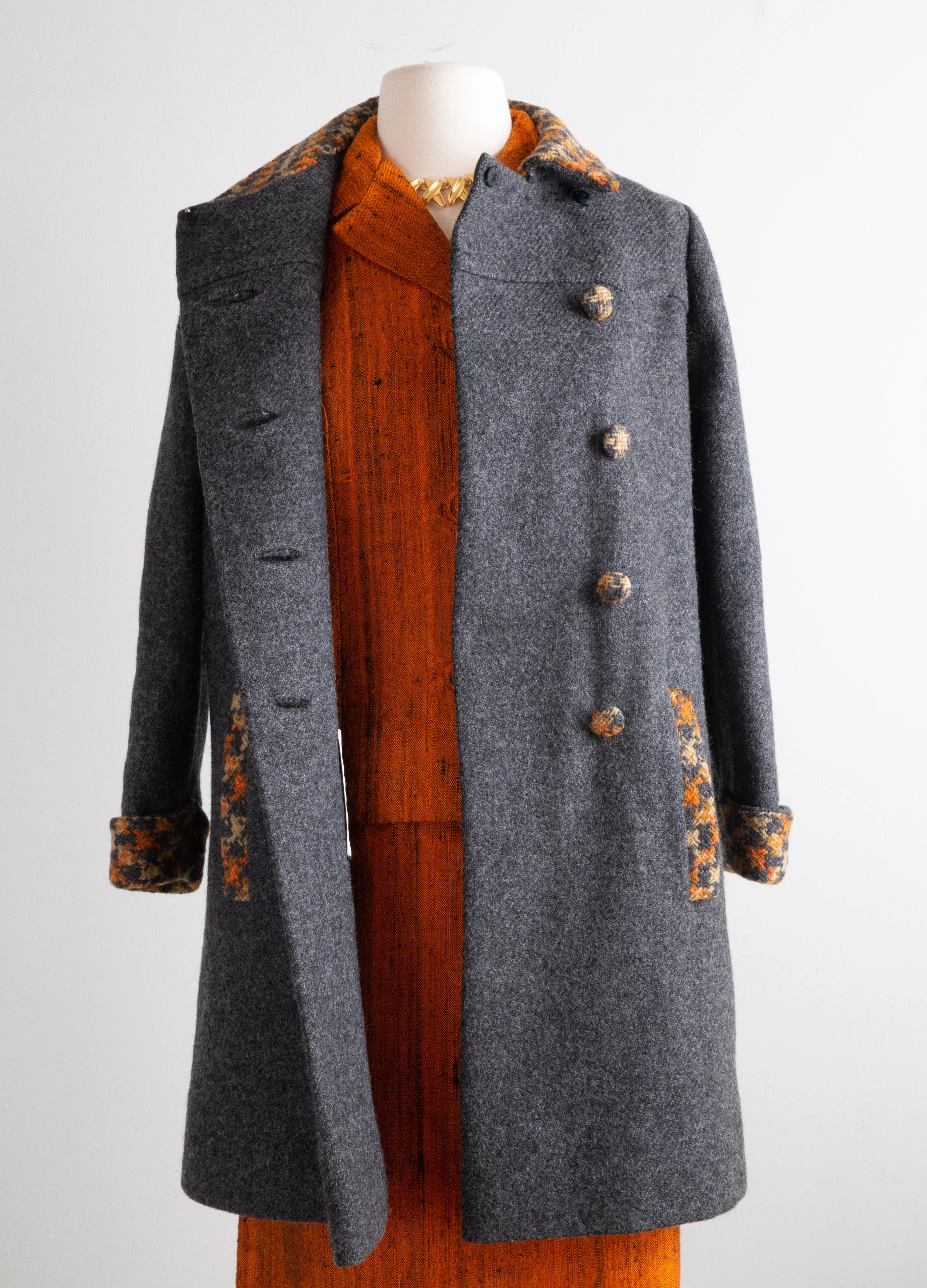 Fall Classic 1960's Charcoal Wool Pea Coat With Pumpkin Houndstooth Trim / Small