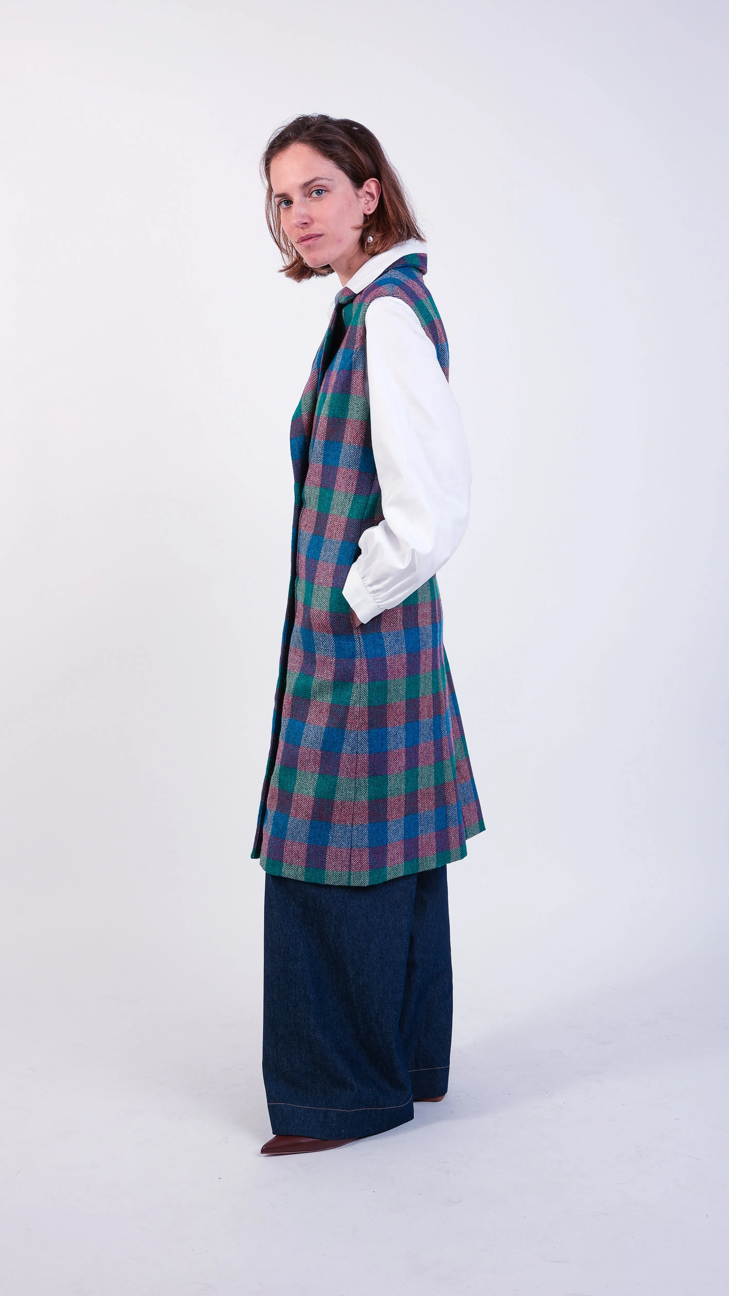 Gracie Checked Multicolour Ruffle Double-breasted Gilet Teal/Pink