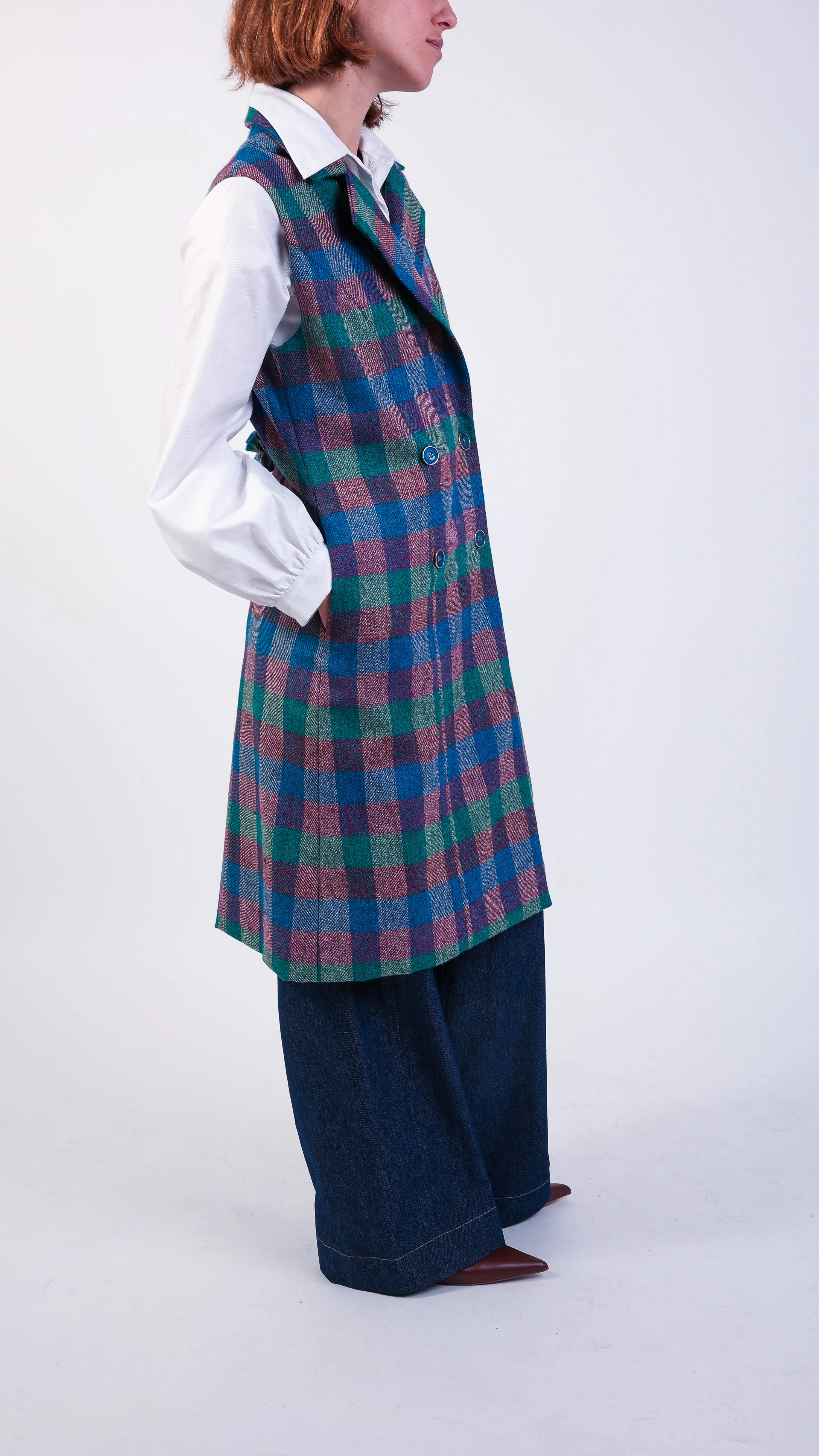 Gracie Checked Multicolour Ruffle Double-breasted Gilet Teal/Pink