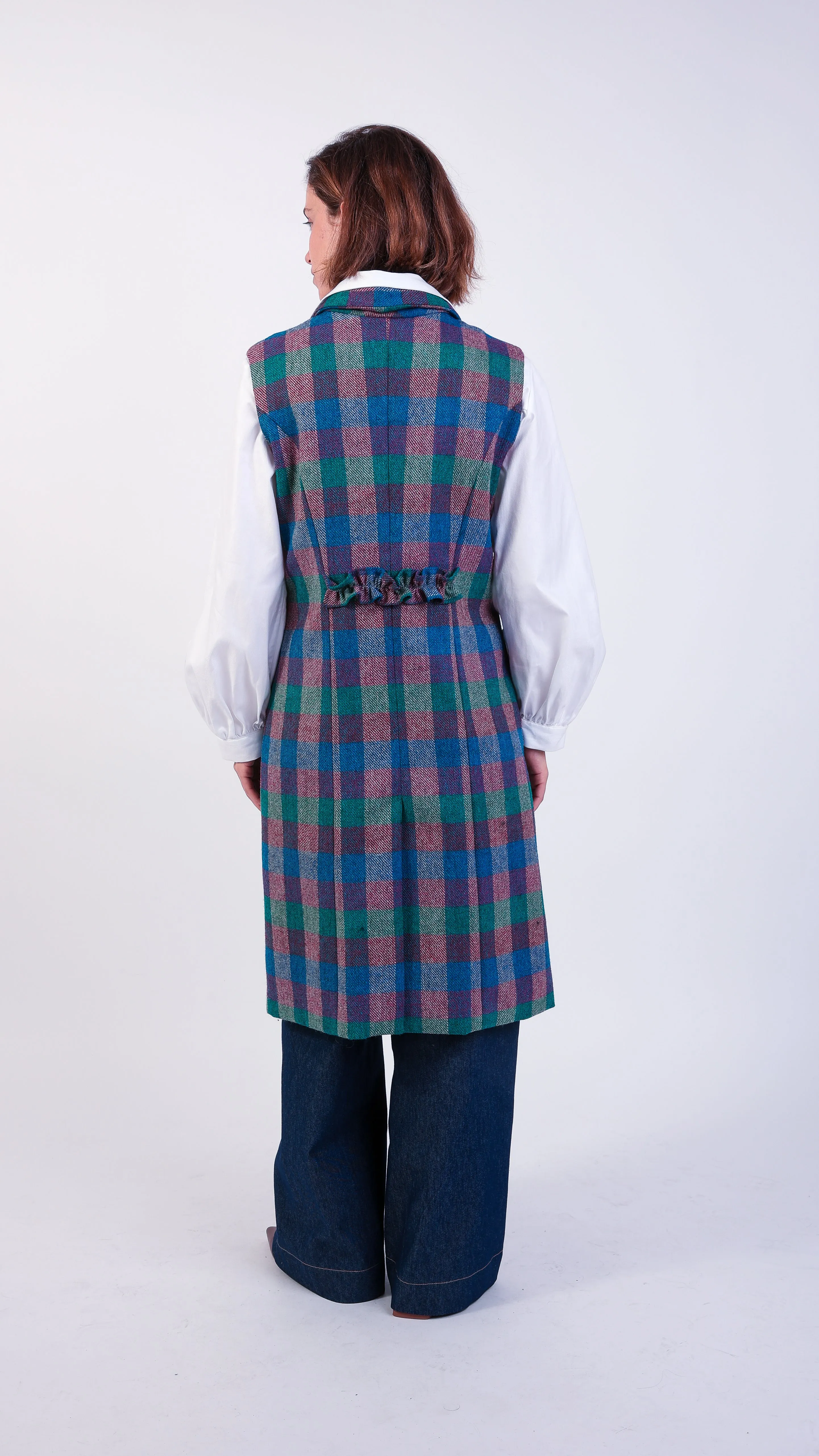 Gracie Checked Multicolour Ruffle Double-breasted Gilet Teal/Pink