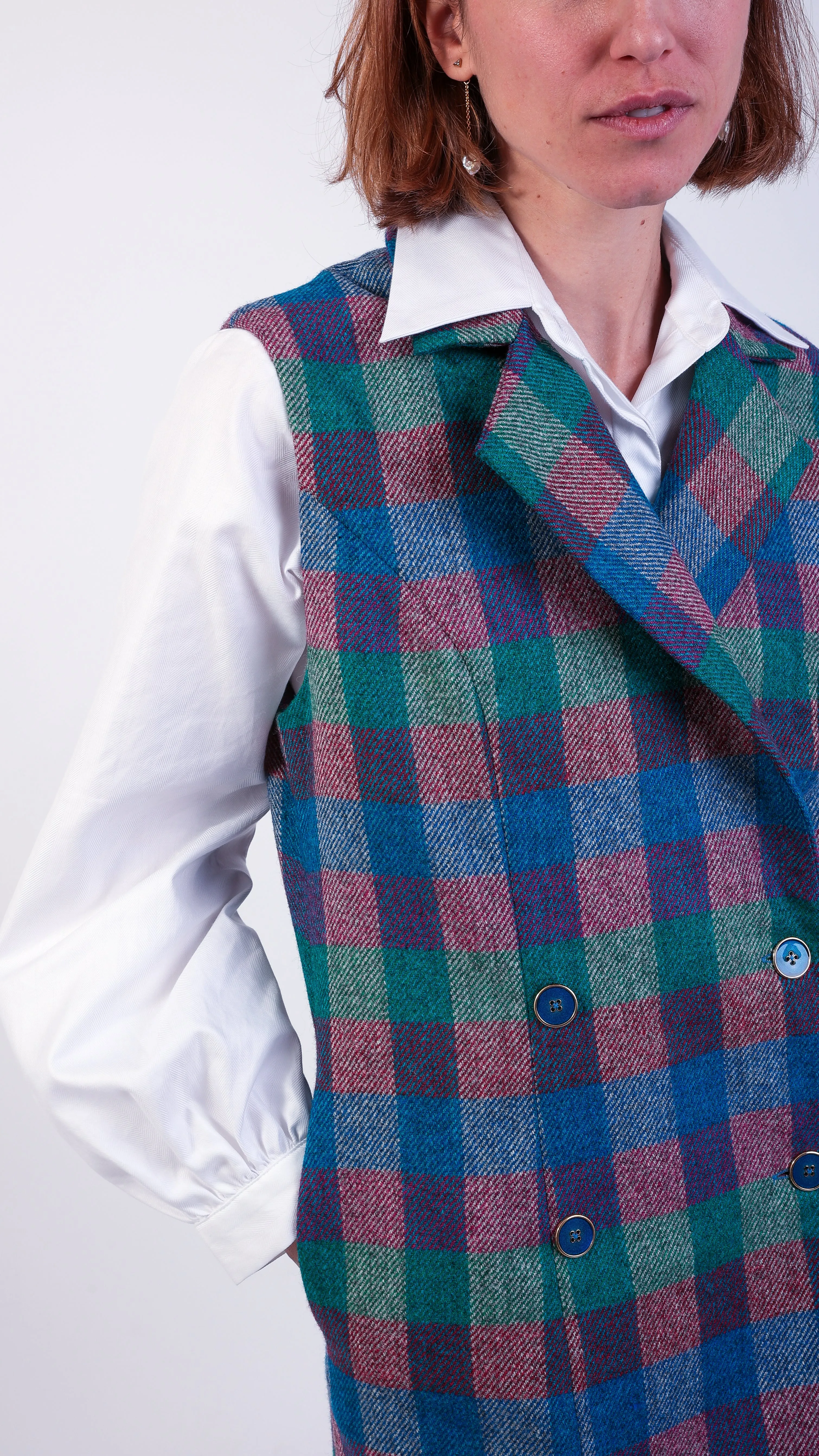 Gracie Checked Multicolour Ruffle Double-breasted Gilet Teal/Pink