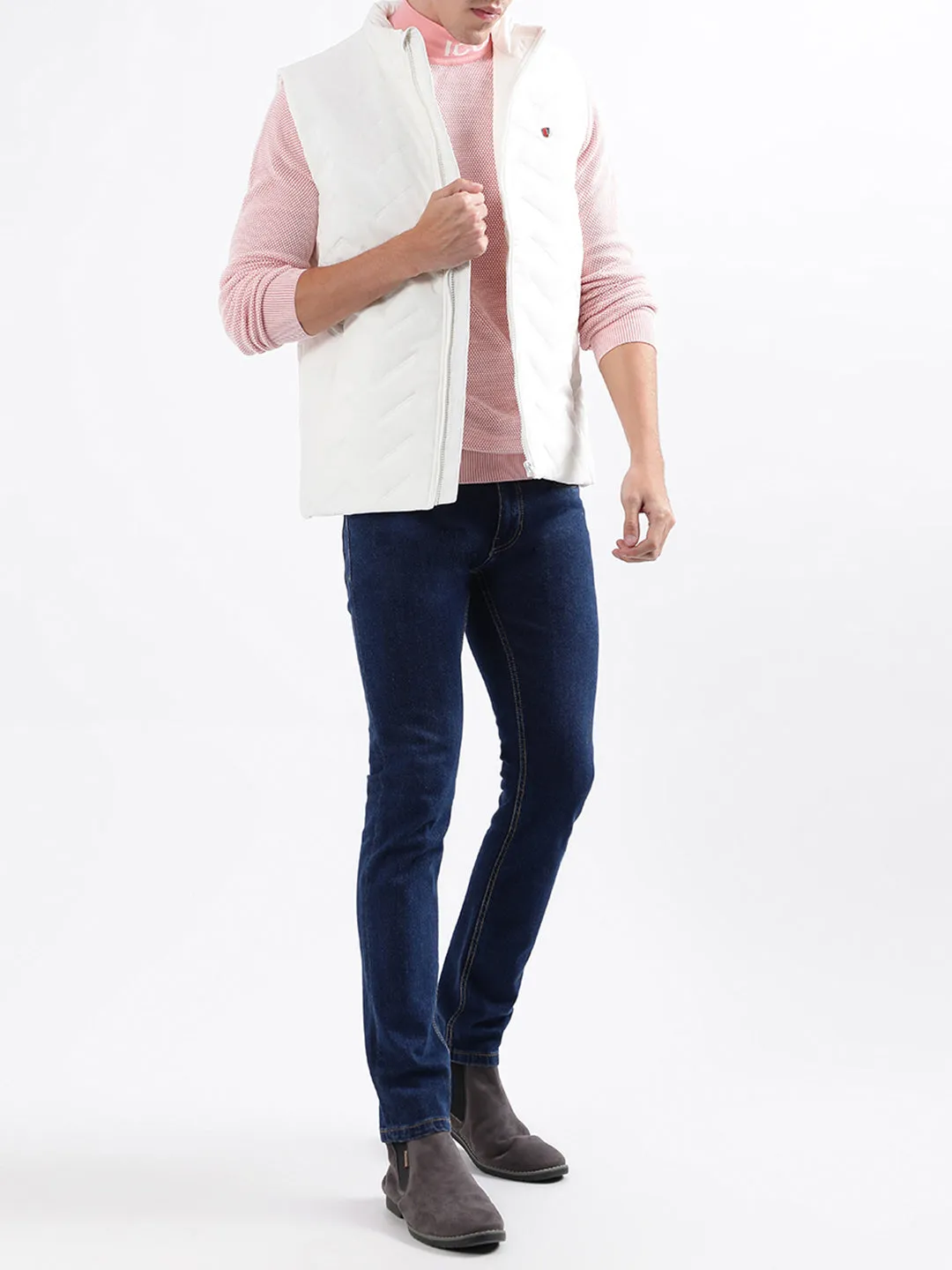Iconic Men White Solid Stand Collar Jacket