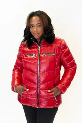 Karl Lagerfeld Paris Faux Fur Collar Water Resistant Zip Front Short Puffer Jacket - Red