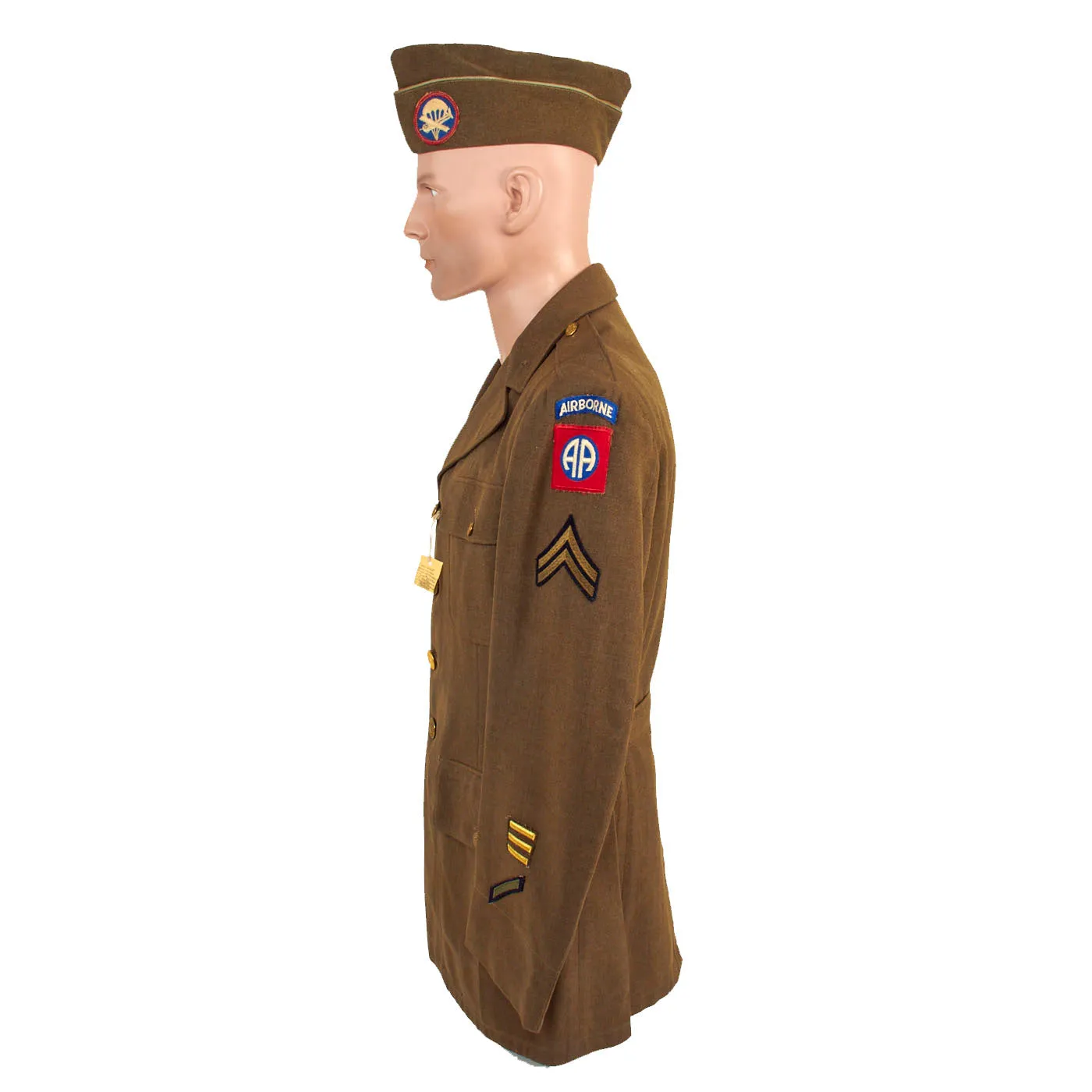 Original U.S. WWII Named 82nd Airborne Uniform Grouping Featuring Custom Camouflage Parachute Silk Lined Overseas Cap - With Documents