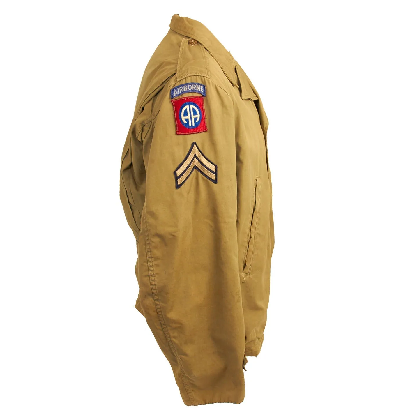 Original U.S. WWII Named 82nd Airborne Uniform Grouping Featuring Custom Camouflage Parachute Silk Lined Overseas Cap - With Documents