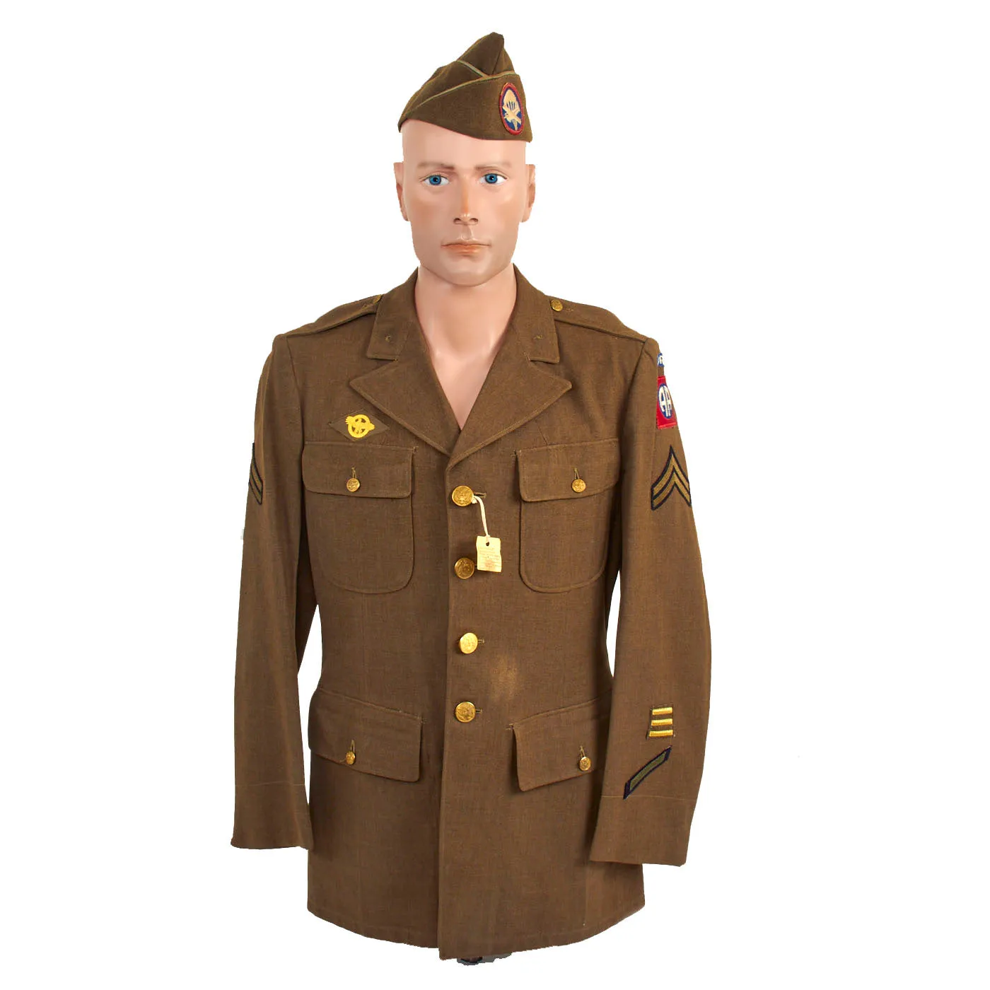 Original U.S. WWII Named 82nd Airborne Uniform Grouping Featuring Custom Camouflage Parachute Silk Lined Overseas Cap - With Documents