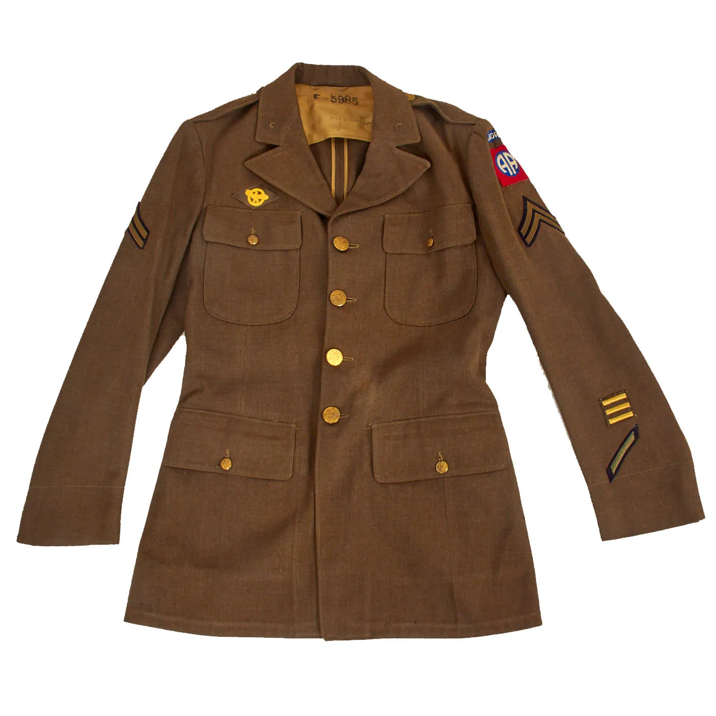 Original U.S. WWII Named 82nd Airborne Uniform Grouping Featuring Custom Camouflage Parachute Silk Lined Overseas Cap - With Documents