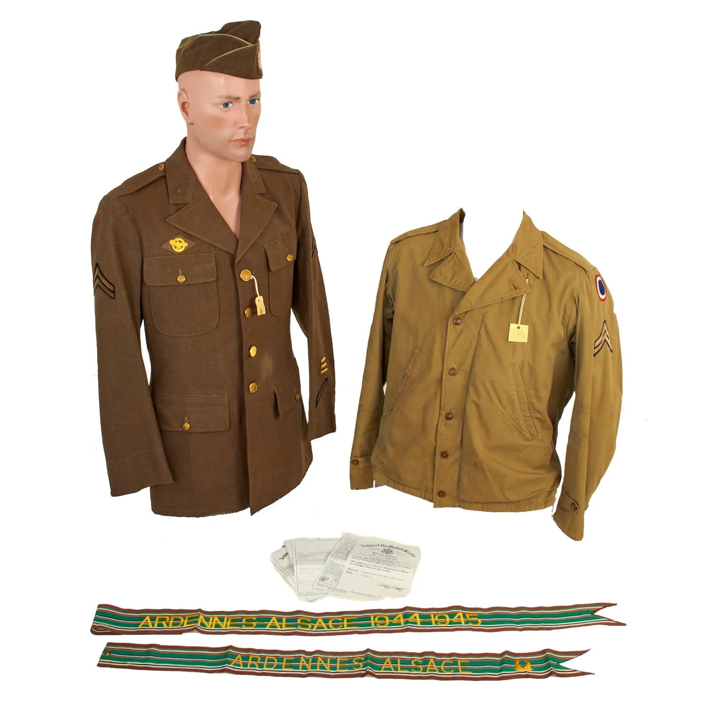 Original U.S. WWII Named 82nd Airborne Uniform Grouping Featuring Custom Camouflage Parachute Silk Lined Overseas Cap - With Documents