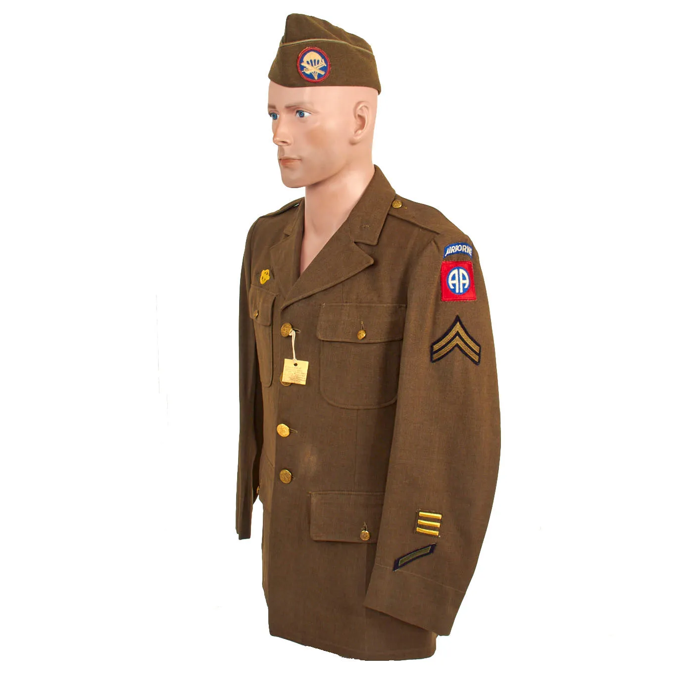 Original U.S. WWII Named 82nd Airborne Uniform Grouping Featuring Custom Camouflage Parachute Silk Lined Overseas Cap - With Documents