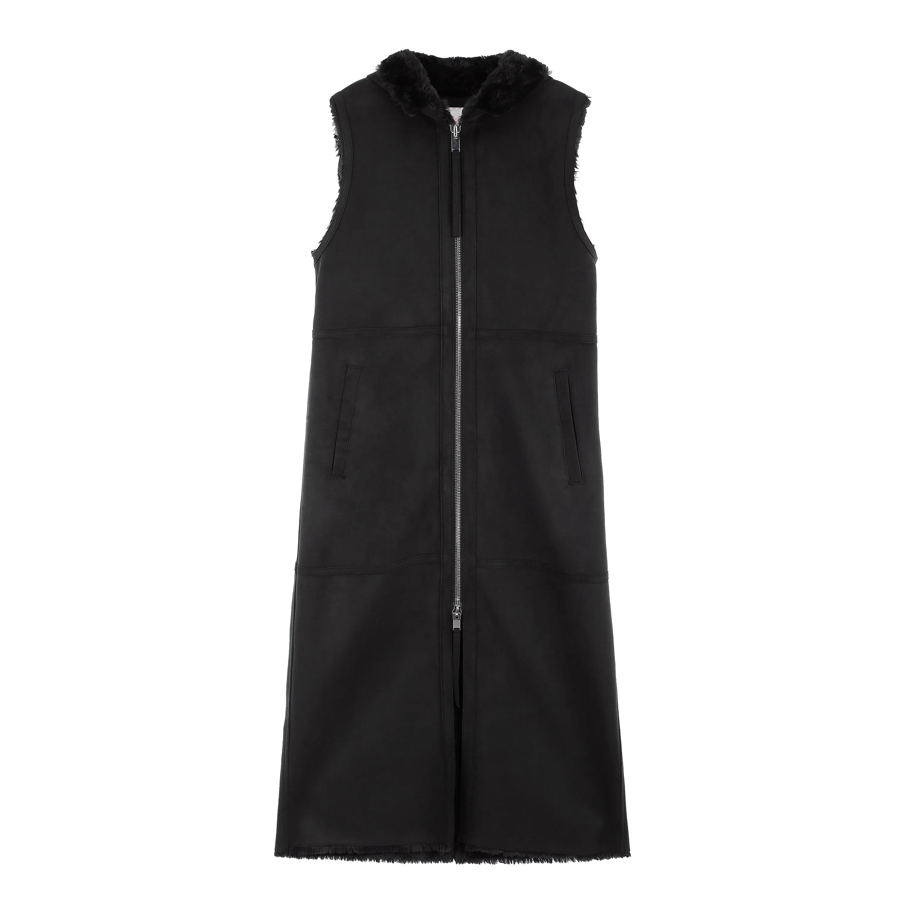 [REFURB] FAUX FUR HOODED LONG VEST