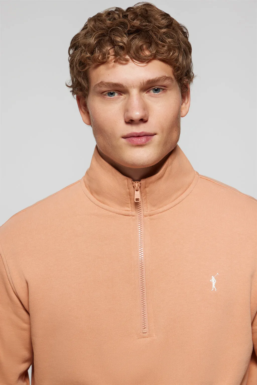 Sudadera de media cremallera color salmón con logo Rigby Go