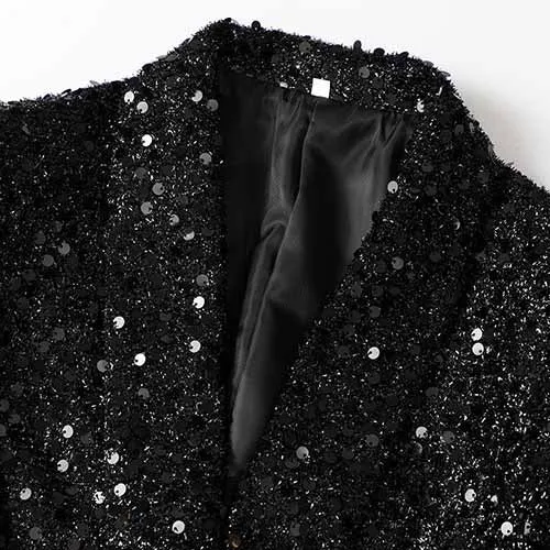 Women Bling Bling Sequined Black Long Blazer