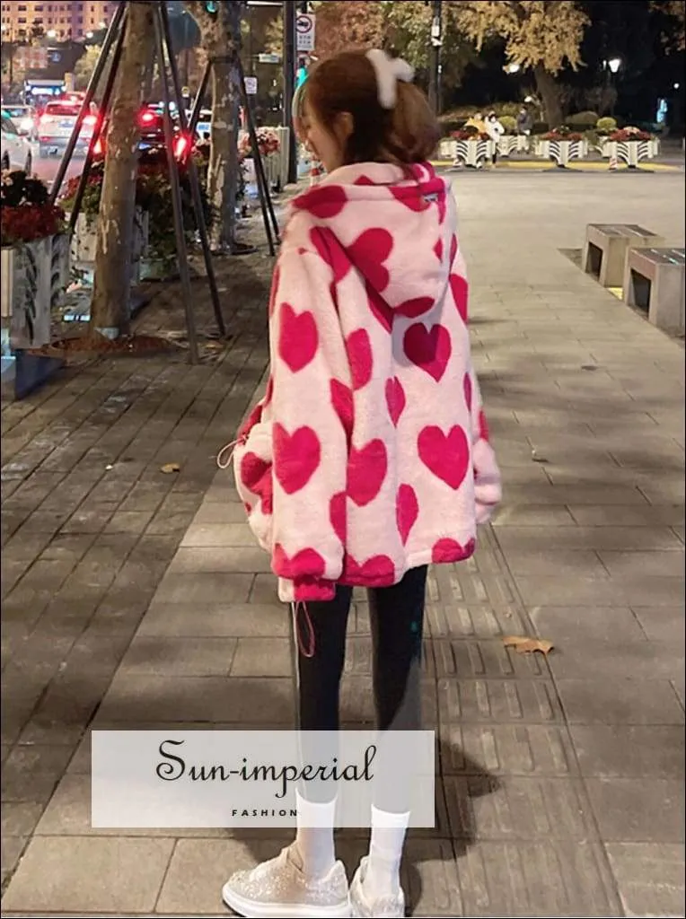 Women Oversized Pink Faux Fur Hooded Coat with Heart Print detail