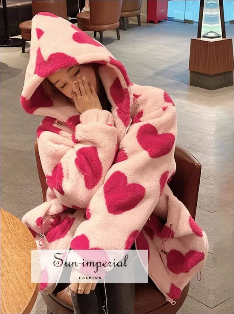 Women Oversized Pink Faux Fur Hooded Coat with Heart Print detail