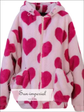 Women Oversized Pink Faux Fur Hooded Coat with Heart Print detail