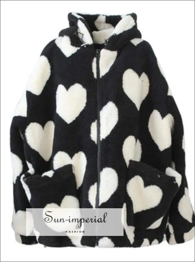 Women Oversized Pink Faux Fur Hooded Coat with Heart Print detail