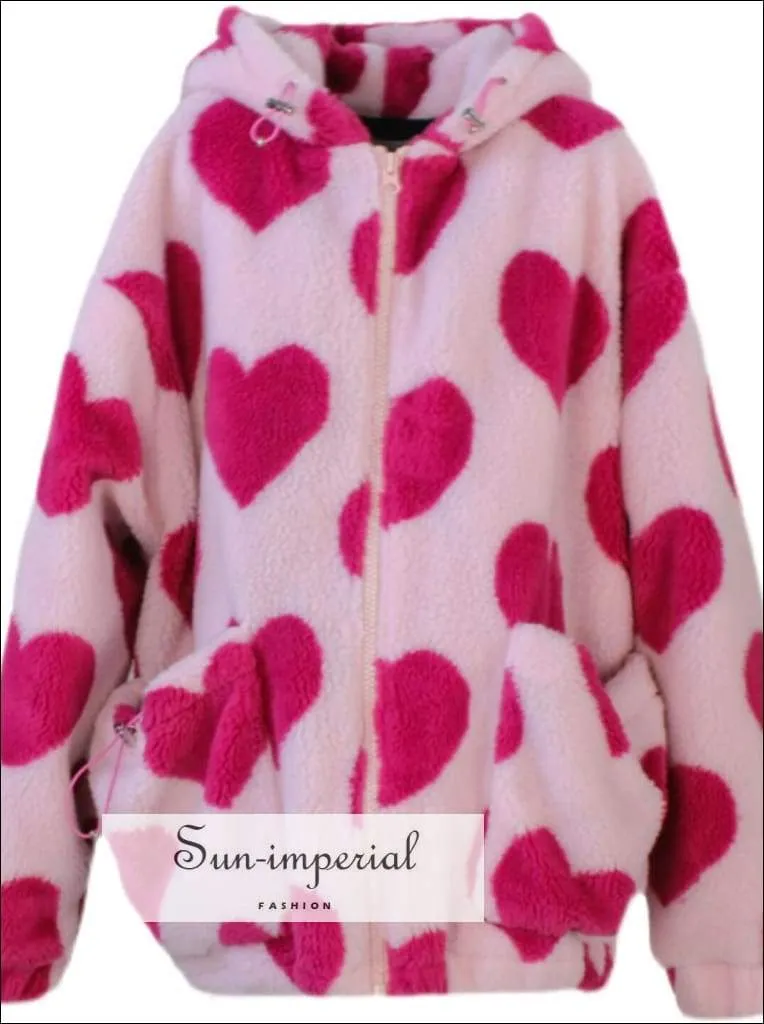 Women Oversized Pink Faux Fur Hooded Coat with Heart Print detail
