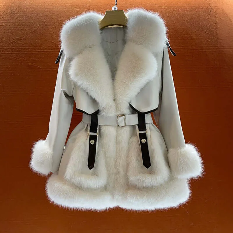 Women's Faux Fur Trim Belted Winter Coat